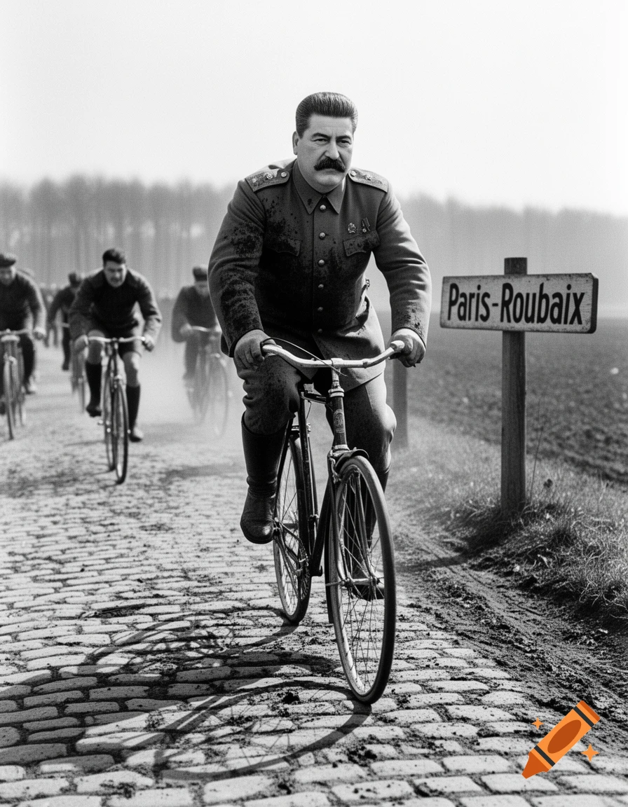 Joseph Stalin cycles along a cobblestone road in a black and white photograph, with a 'Paris-Roubaix' sign and other cyclists in the background.
