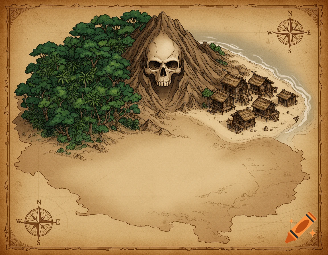 A stylized map of a pirate island featuring a skull-shaped mountain, dense jungle, a village of huts on the beach, and compass roses on aged parchment.