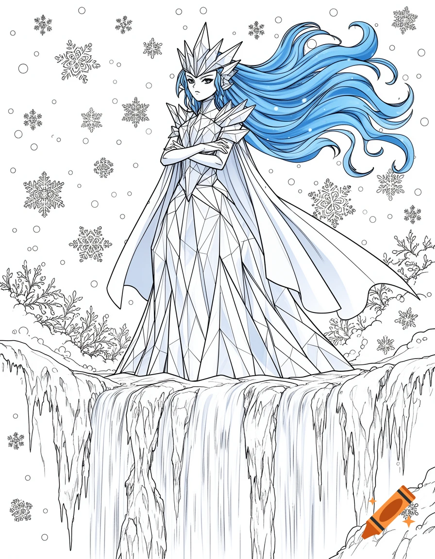 Anime ice queen with blue hair, crystalline gown, and cape, standing on a frozen waterfall with snowflakes, in a coloring book line art style.