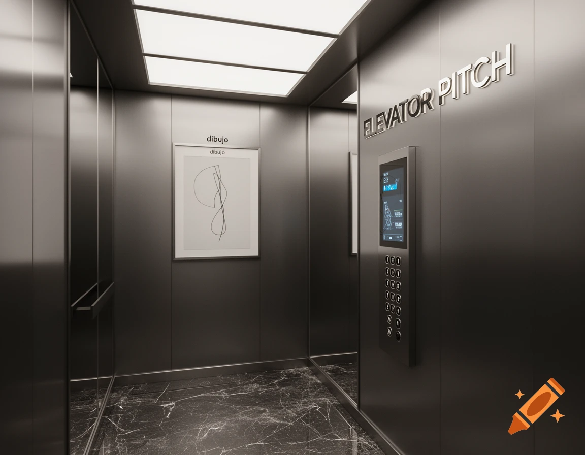 Modern, sleek elevator interior with dark metallic walls, marble floor, recessed lighting, and a minimalist drawing.