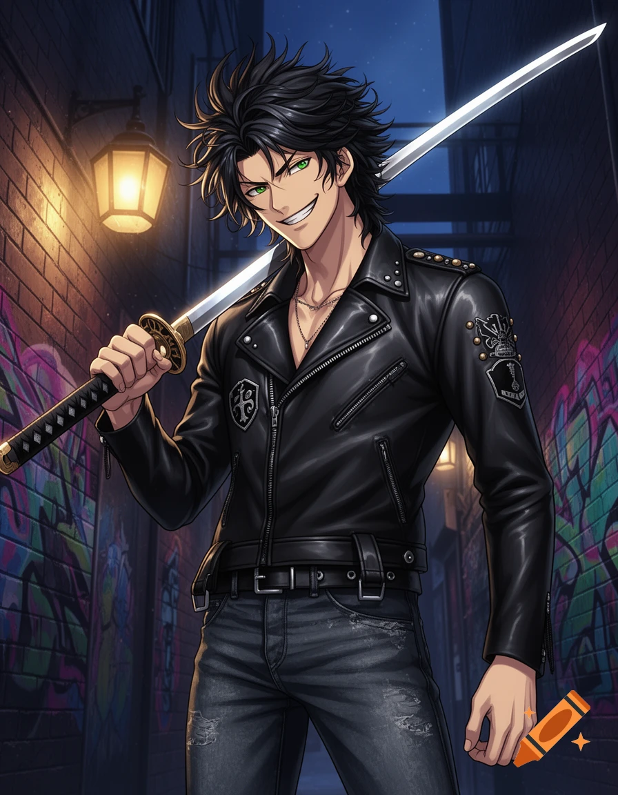 An anime man with spiky dark hair and green eyes, wearing a black ...