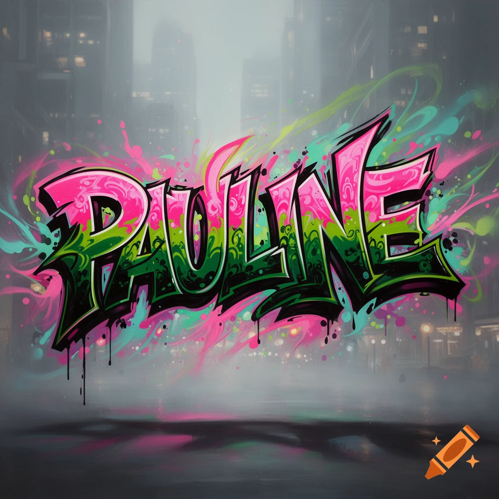 Vibrant pink and green graffiti art spelling PAULINE, with paint splatters and drips, set against a blurred city background.