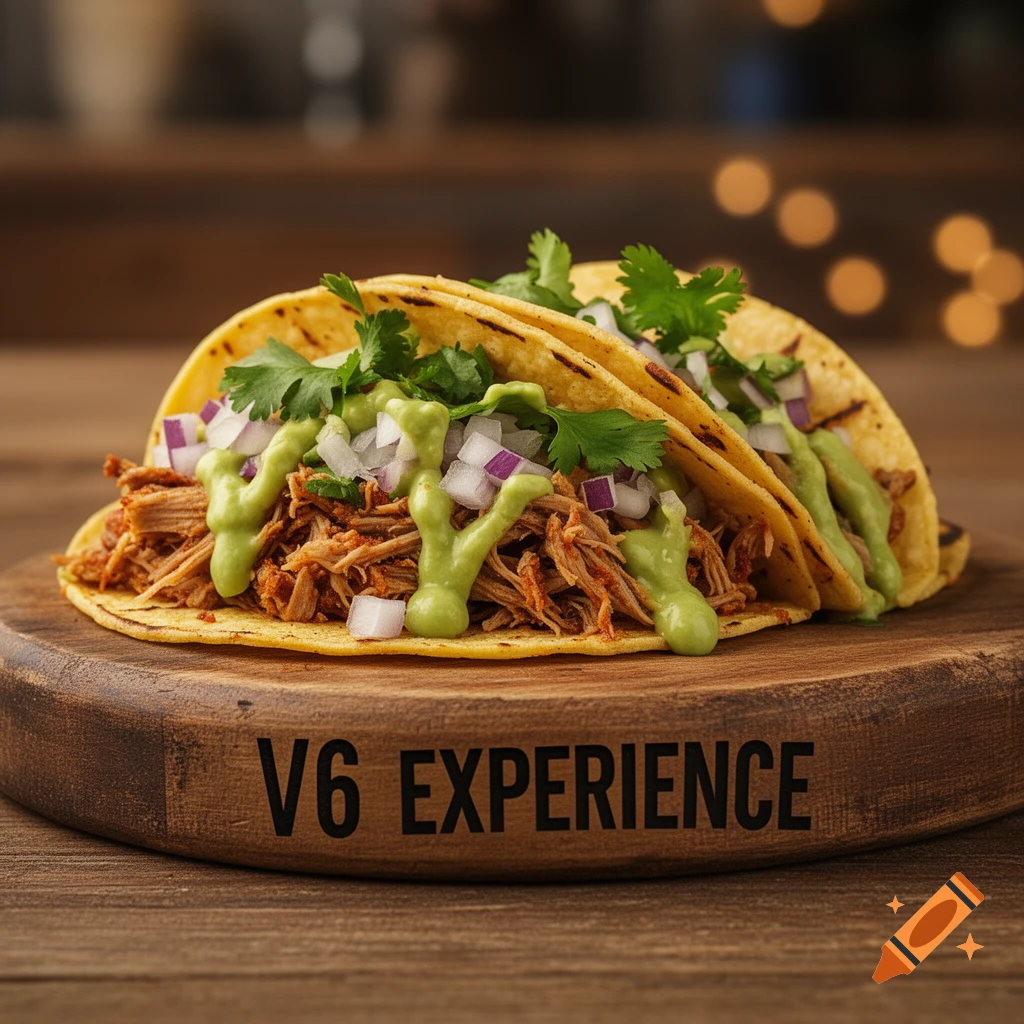 Two photorealistic tacos with pulled meat, green sauce, red onion, and cilantro on a wooden board.