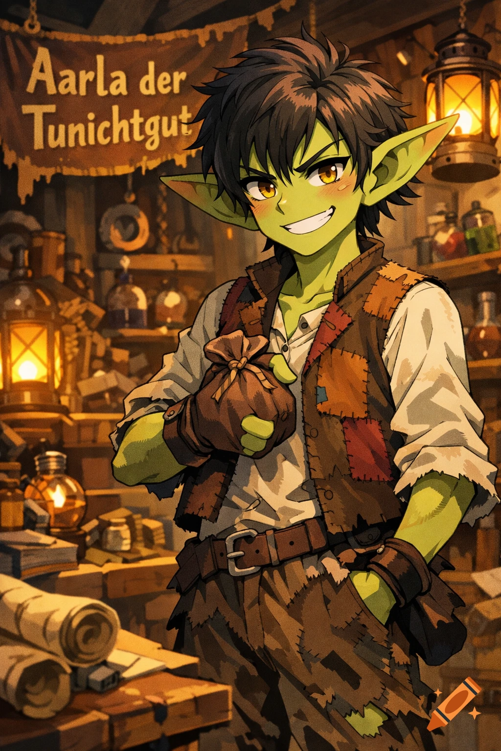 A green-skinned anime goblin with a mischievous smile holds a sack in a cluttered fantasy shop with lanterns.