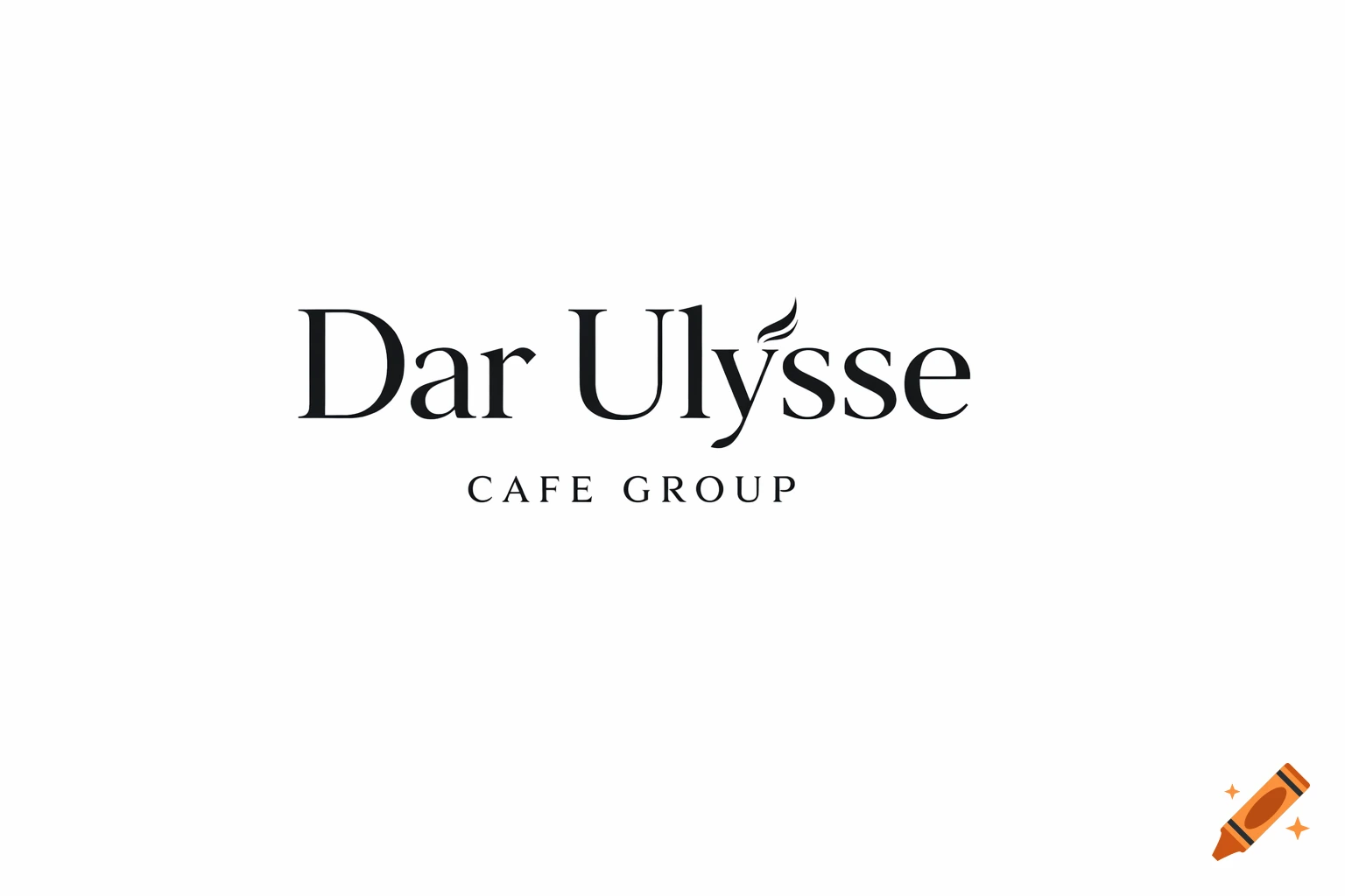 Minimalist black logo for 'Dar Ulysse Cafe Group' in a refined serif font on a white background, with a subtle leaf/flame design on the 'y'.