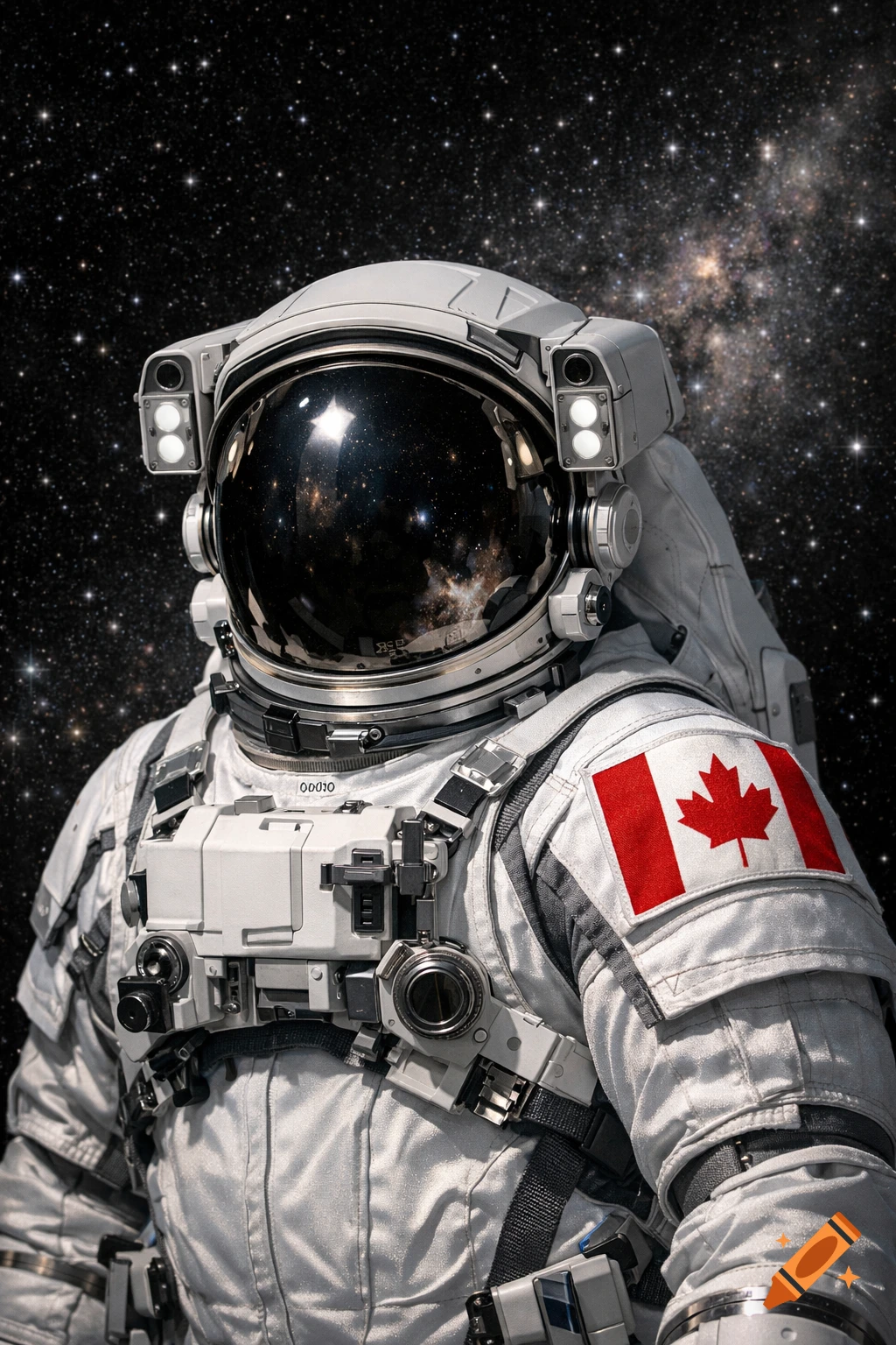 Photorealistic astronaut in a white spacesuit with a Canadian flag on the shoulder, against a starry space background.