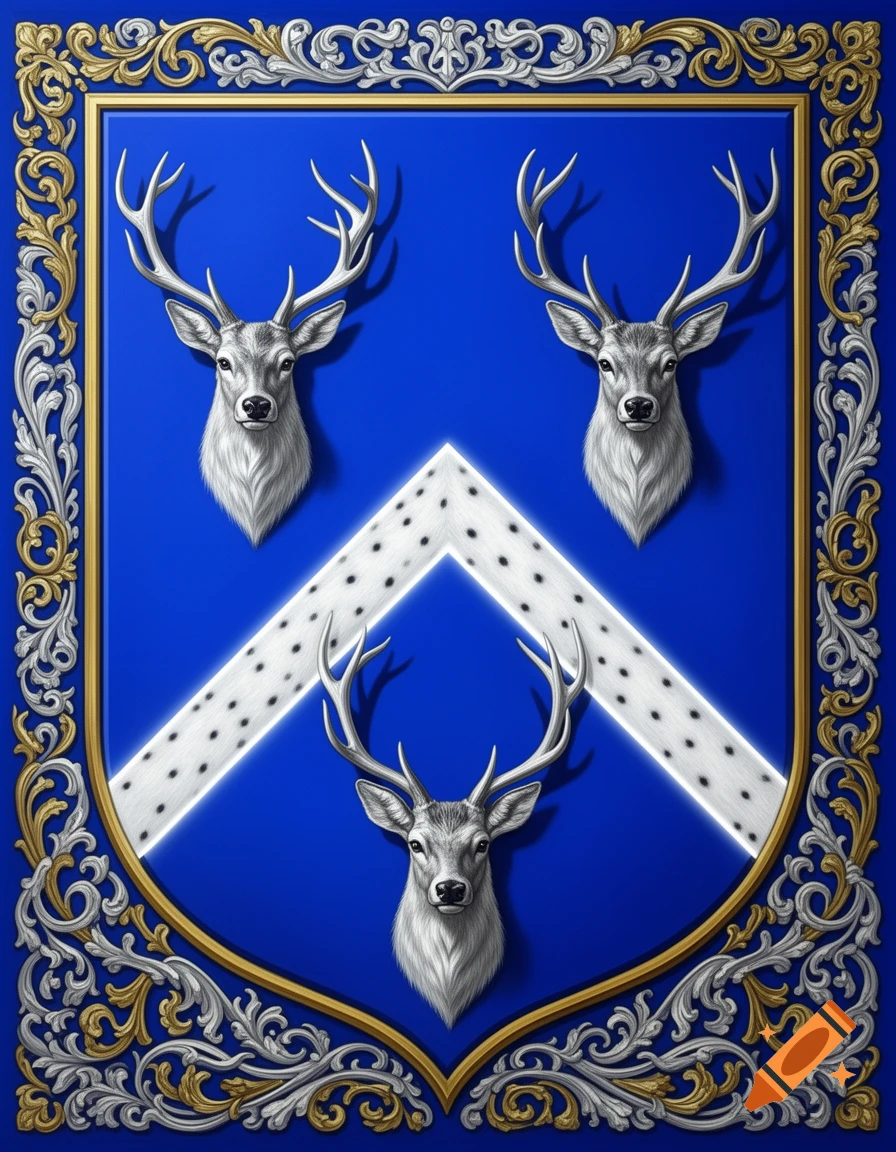 A blue heraldic shield with ornate gold and silver borders, featuring a white ermine chevron between three grey stag heads.