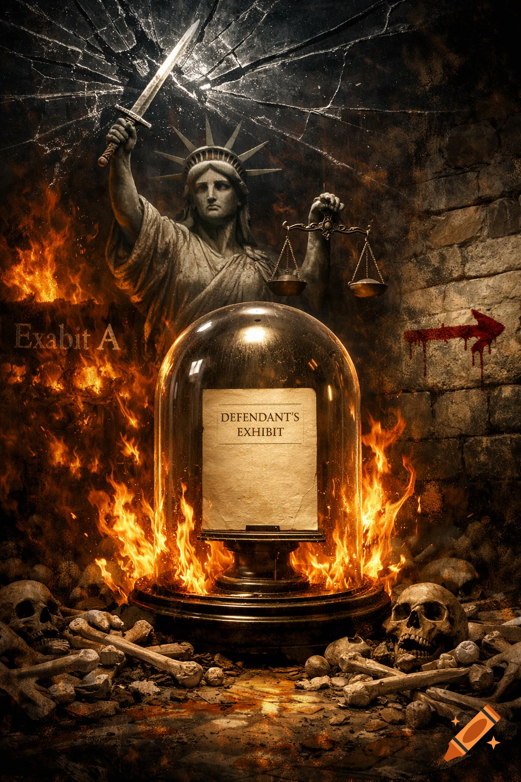 Lady Liberty with a sword breaking glass and holding scales of justice, above a document in a glass dome surrounded by fire and bones.