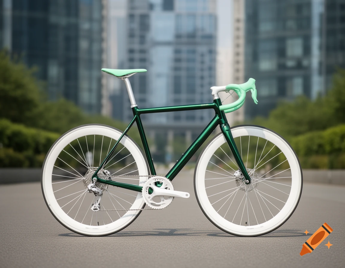 A dark green road bike with mint green handlebars and seat, white wheels, and white pedals, on an asphalt road with a blurred cityscape in the background.