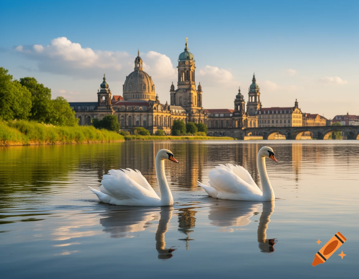 Two white swans swim on a calm river with Dresden's historic skyline, including grand domed buildings and a bridge, under a blue sky.