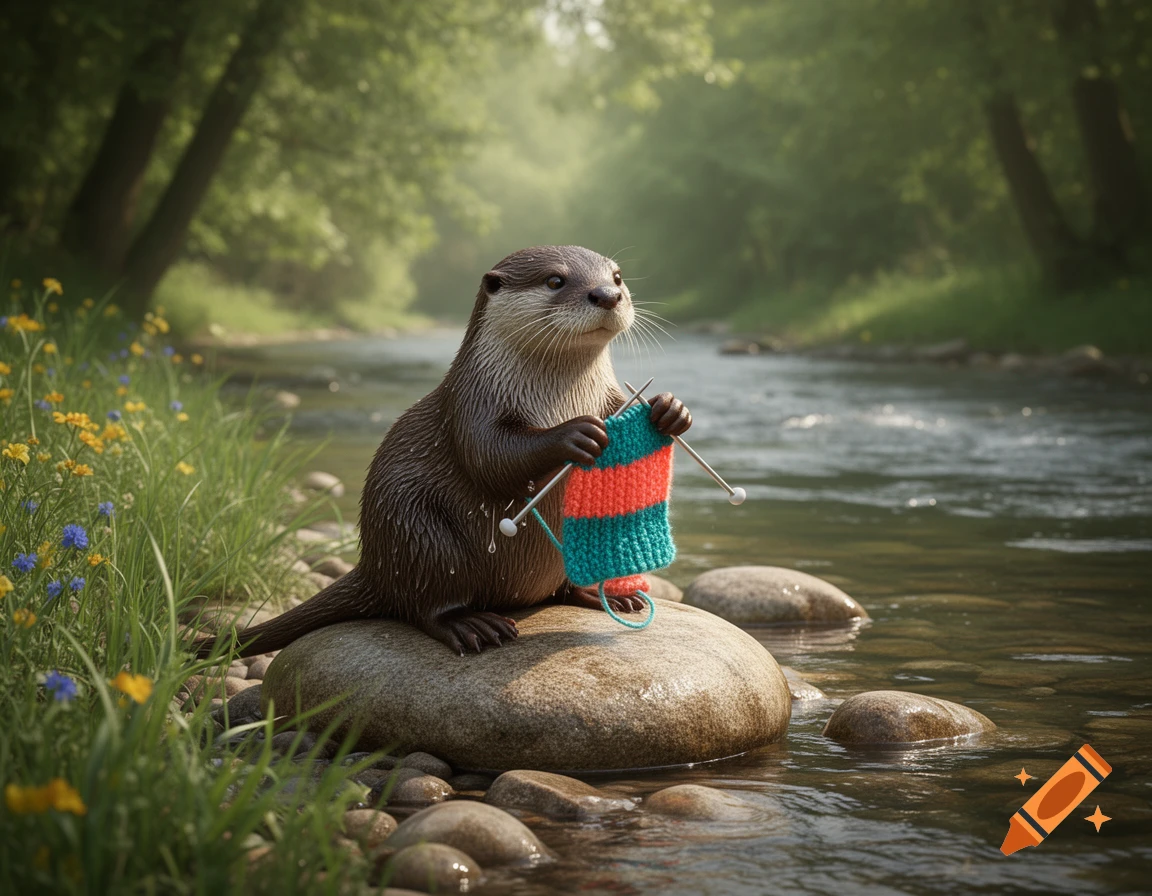 A photorealistic river otter sits on a rock in a river, knitting a striped fabric with needles, surrounded by lush greenery and wildflowers.