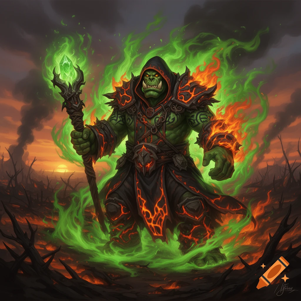 A green-skinned orc warlock in dark armor stands amidst green fel and orange fire in a desolate, burning landscape, holding a glowing staff.