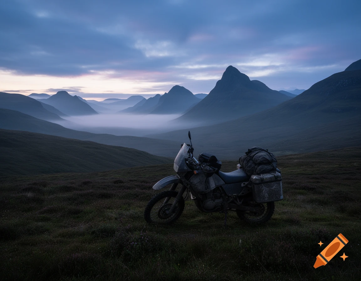 A packed adventure motorcycle parked on a grassy hill overlooking a misty mountain valley at dusk.