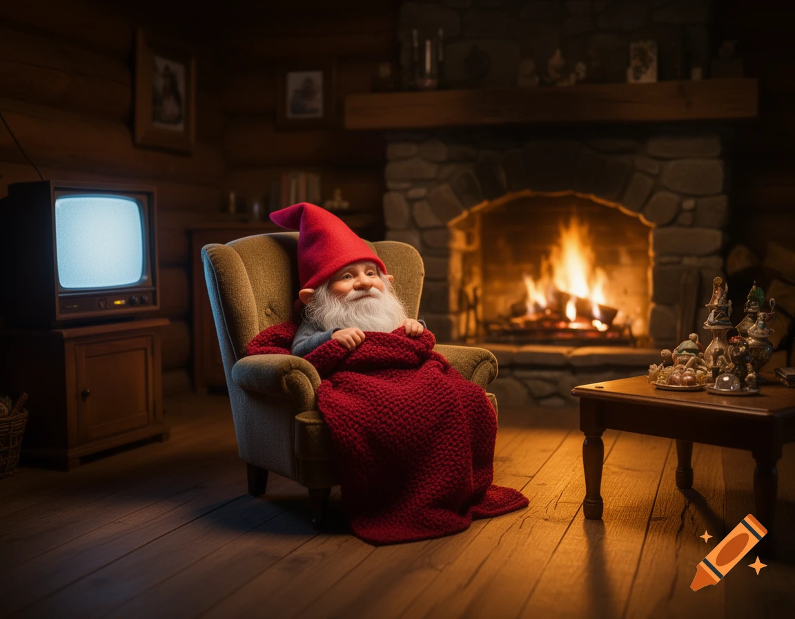 A cozy gnome in a red hat and blanket sits in an armchair, watching a glowing old TV by a warm fireplace in a wooden cabin.