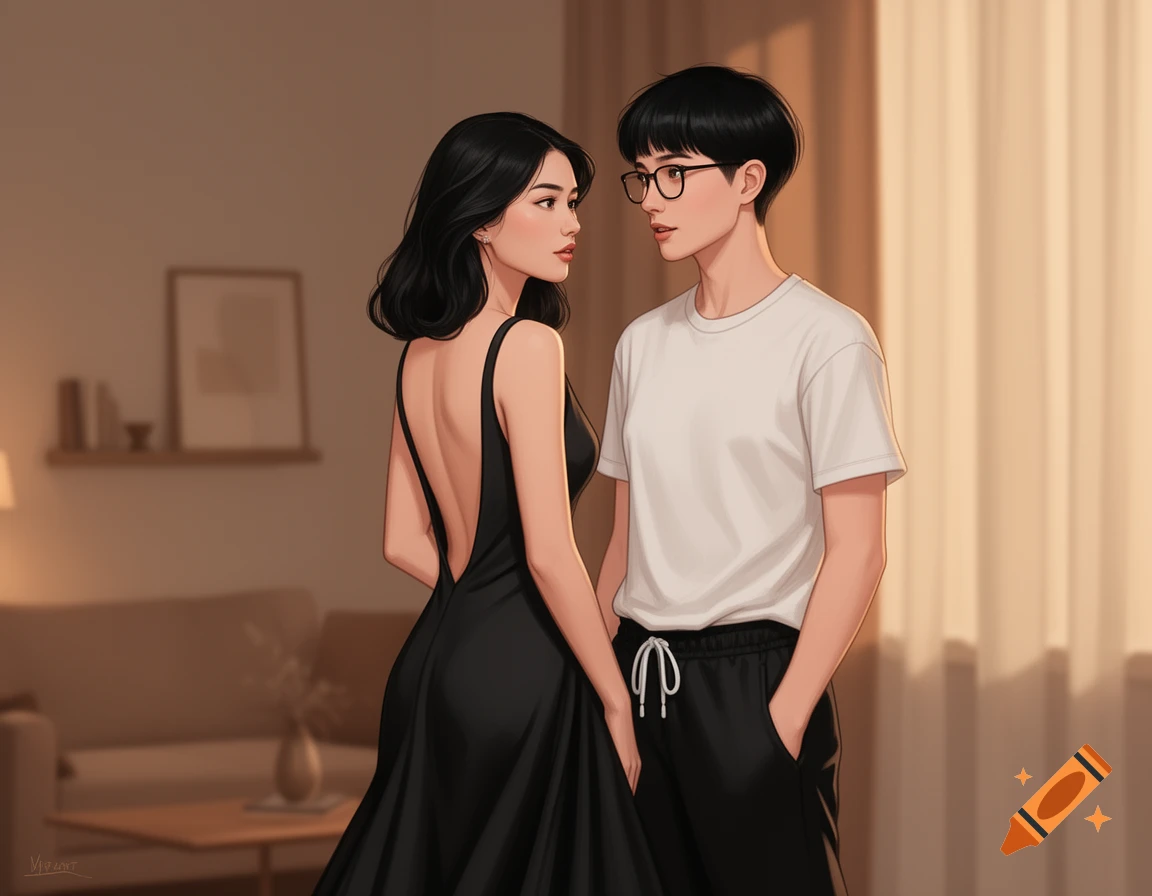 Digital illustration of an Asian woman in a black backless dress looking at a person in a white t-shirt and black sweatpants, in an apartment.