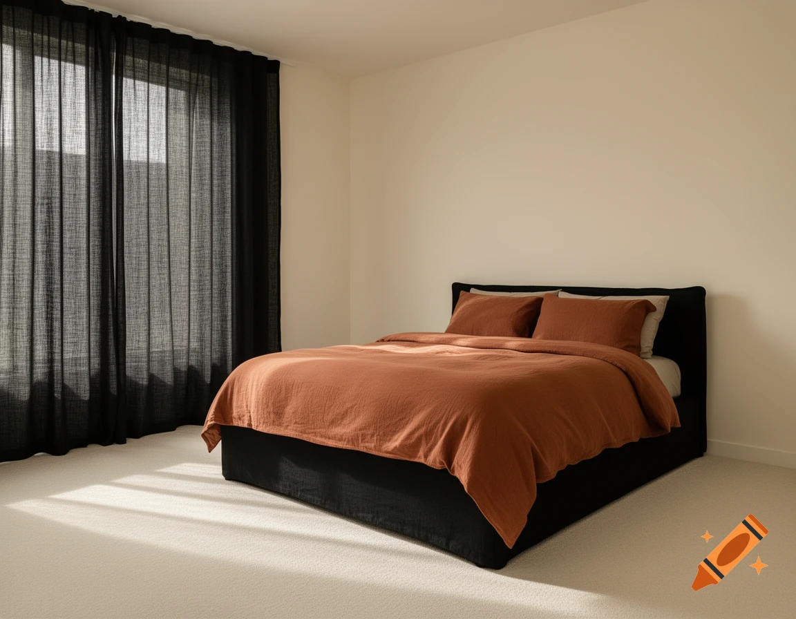 A modern bedroom with a black bed, rust-colored duvet, sheer black curtains, and sunlit cream carpet.