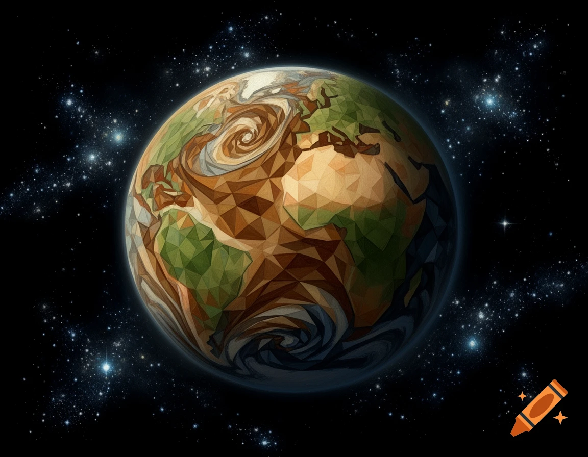 A surreal, geometric Earth in earth tone colors, set against a star-filled black space.