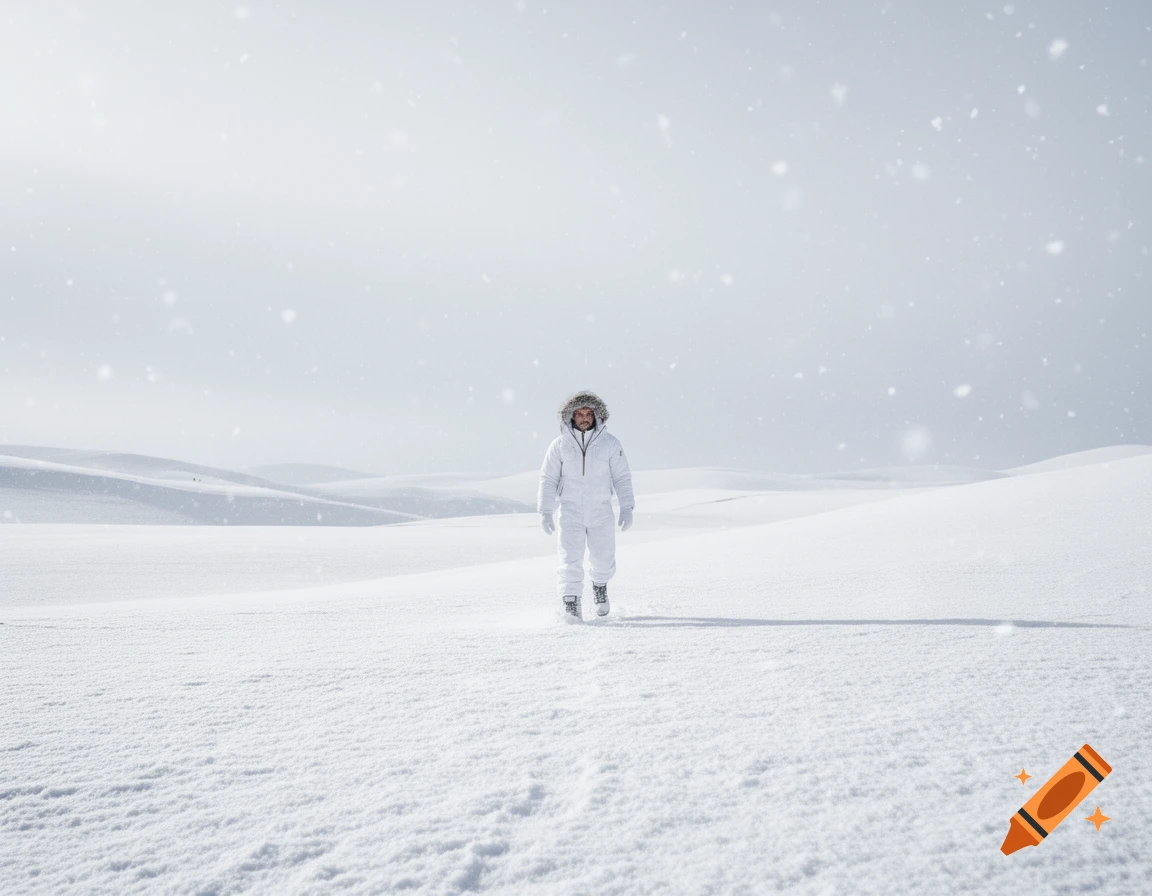 A person in a white snowsuit with a fur-lined hood stands in a vast, snowy landscape with falling snow.