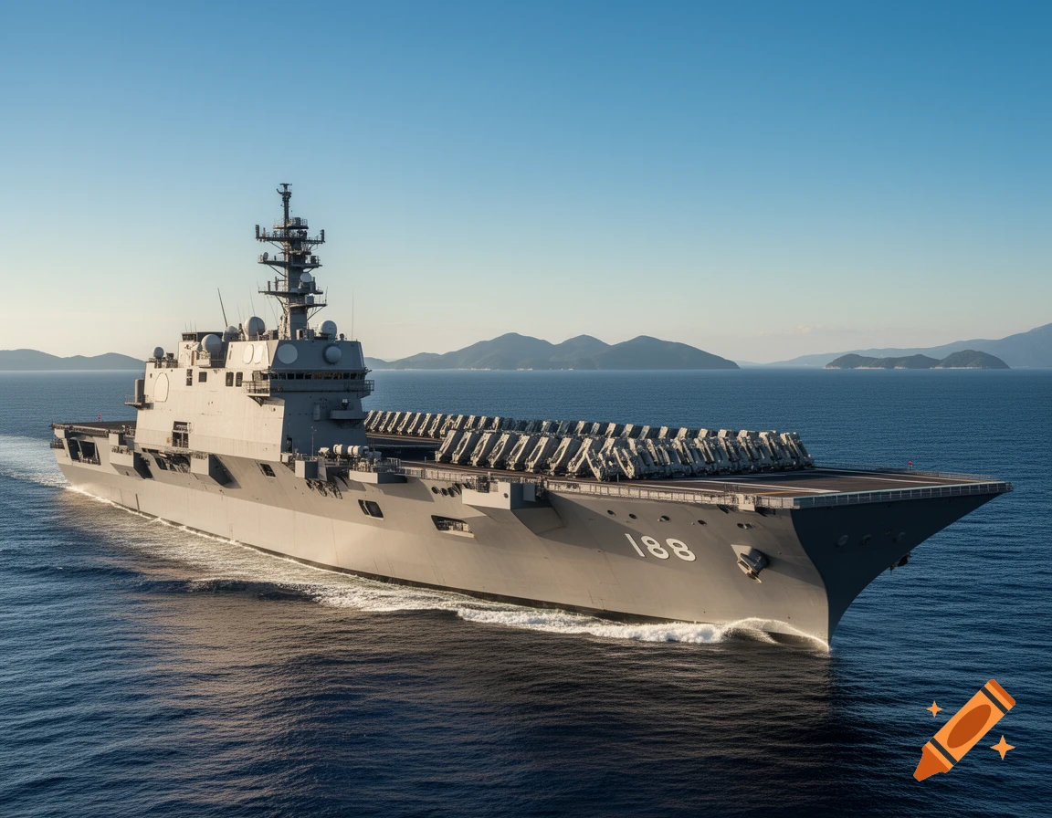 A large grey military helicopter carrier with '188' on its bow sails on the blue ocean under a clear sky, with distant islands.