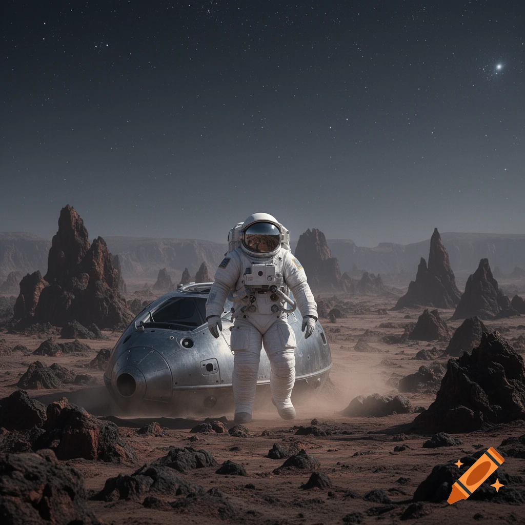 An astronaut stands on a rocky, reddish alien planet next to a sleek ...