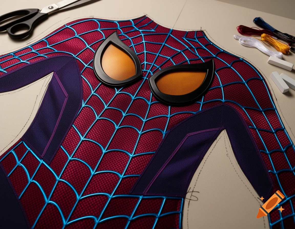 A photorealistic Spider-Man costume sewing pattern with burgundy and dark indigo fabric, metallic blue webbing, amber eye lenses, and sewing tools.