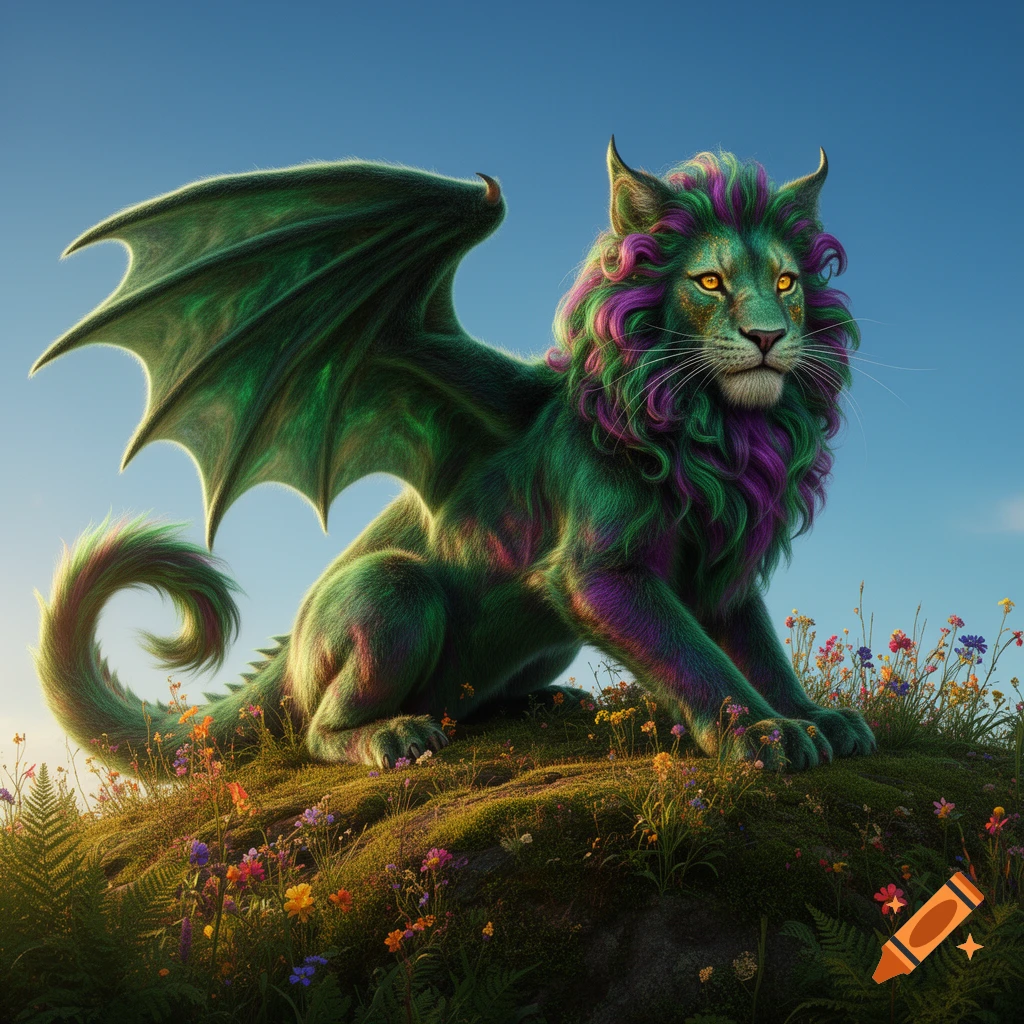 A vibrant green furry creature with a lion's face, colorful purple and pink mane, and dragon wings sits on a flowery hill under a blue sky.