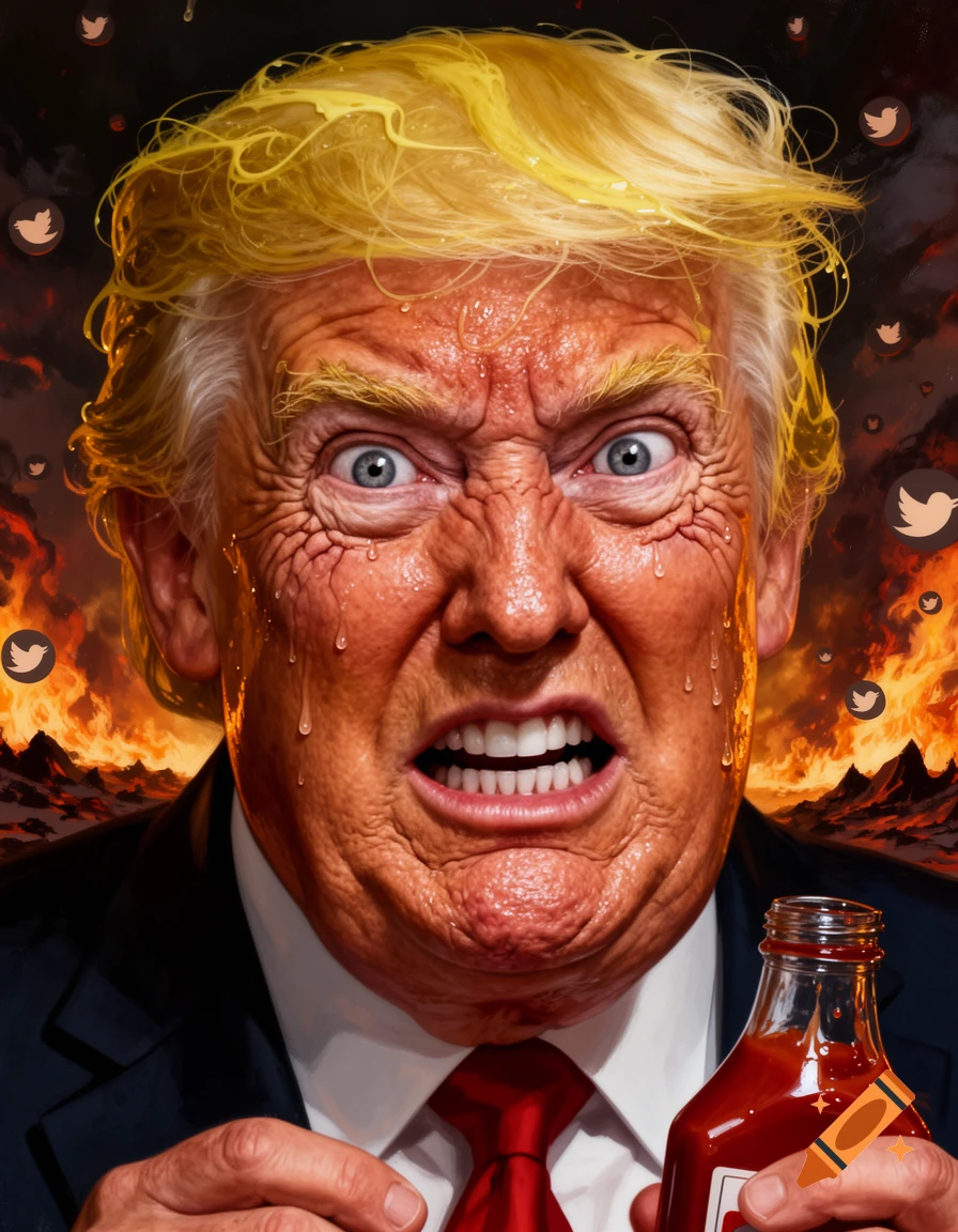 A hyper-realistic digital painting of an enraged Donald Trump, face flushed and sweaty, holding a ketchup bottle amidst a fiery background with Twitter logos.