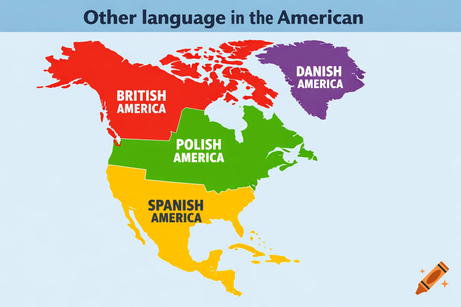 A colorful map of North America divided into British, Polish, Danish, and Spanish America with a title 'Other language in the American'.