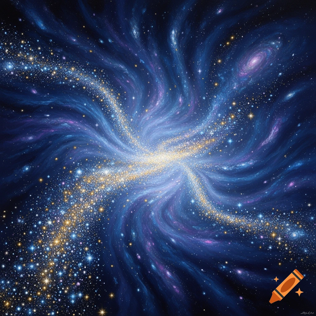 A vibrant abstract depiction of a galaxy with swirling blue and purple nebulae and bright golden and white stars.