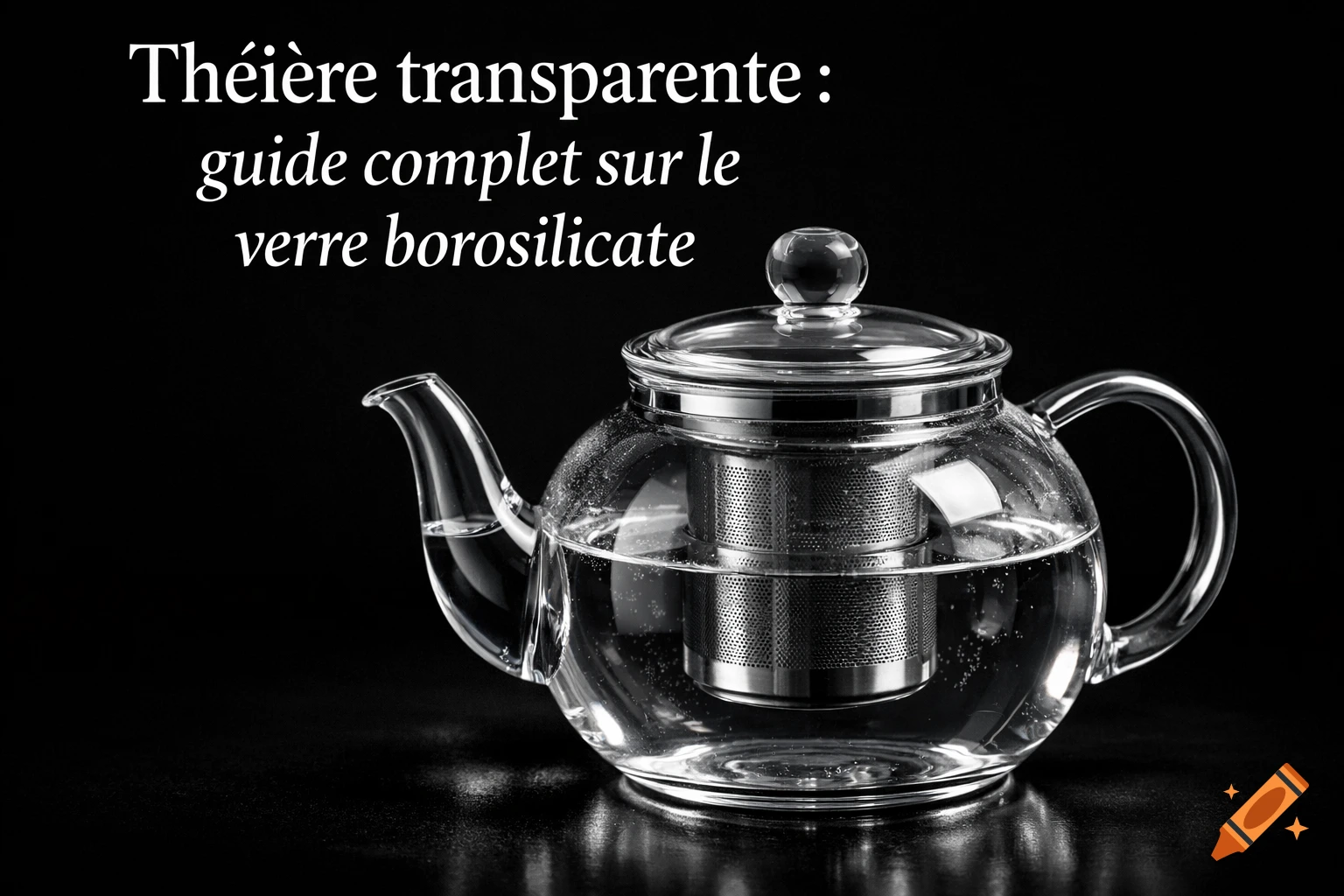 Photorealistic image of a transparent glass teapot filled with water and an infuser on a black background, with a French title above it.
