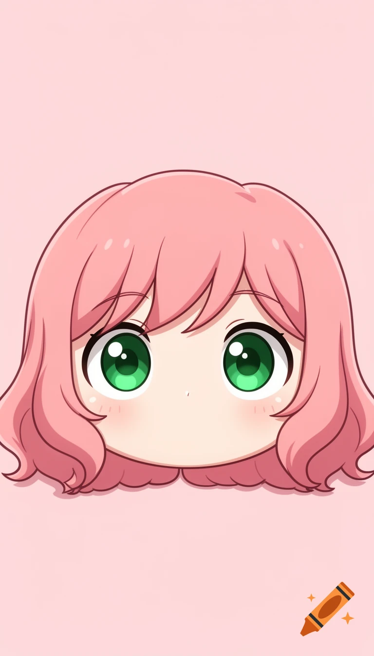 Close-up of a chibi anime character's face with pink hair and large green eyes on a pink background.