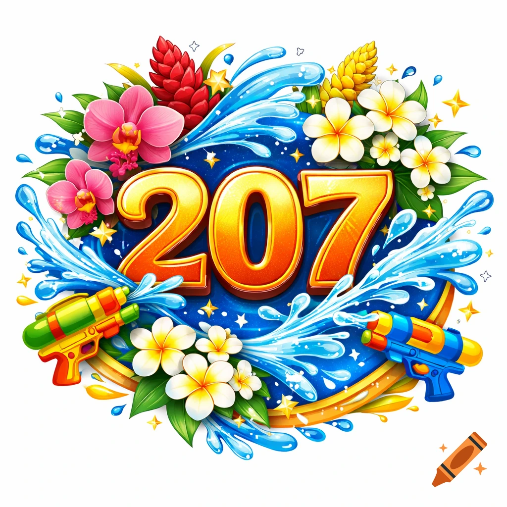 Vibrant, festive illustration of the number 207 surrounded by tropical flowers, water splashes, and colorful water guns on a blue background.