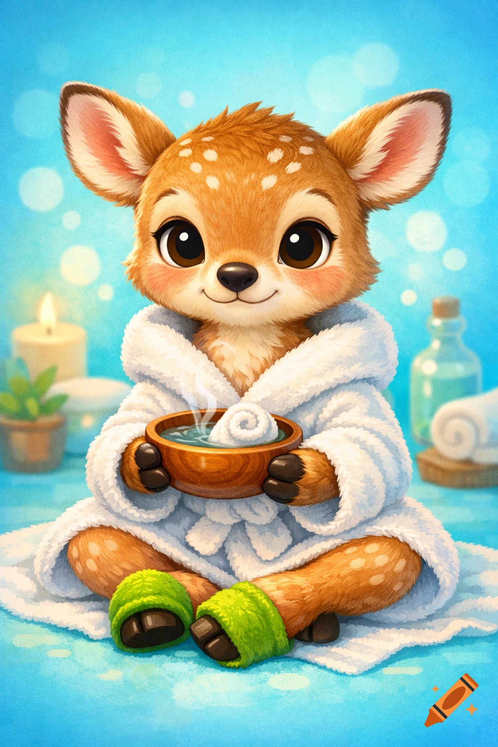 Cute cartoon fawn in a white robe and green slippers sits cross-legged, holding a wooden spa bowl. Spa setting, digital art.