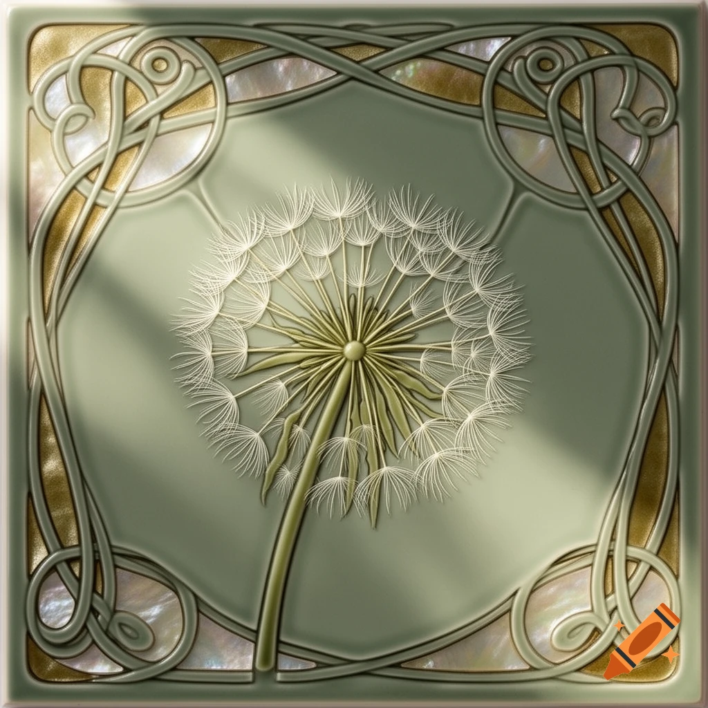 A stylized dandelion on an Art Nouveau tile, surrounded by an ornate decorative border.