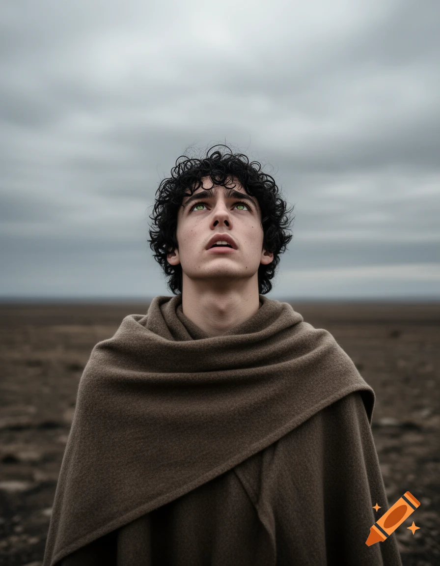 A young man with curly black hair and green eyes, wearing a brown cloak, looks up against a gray sky.