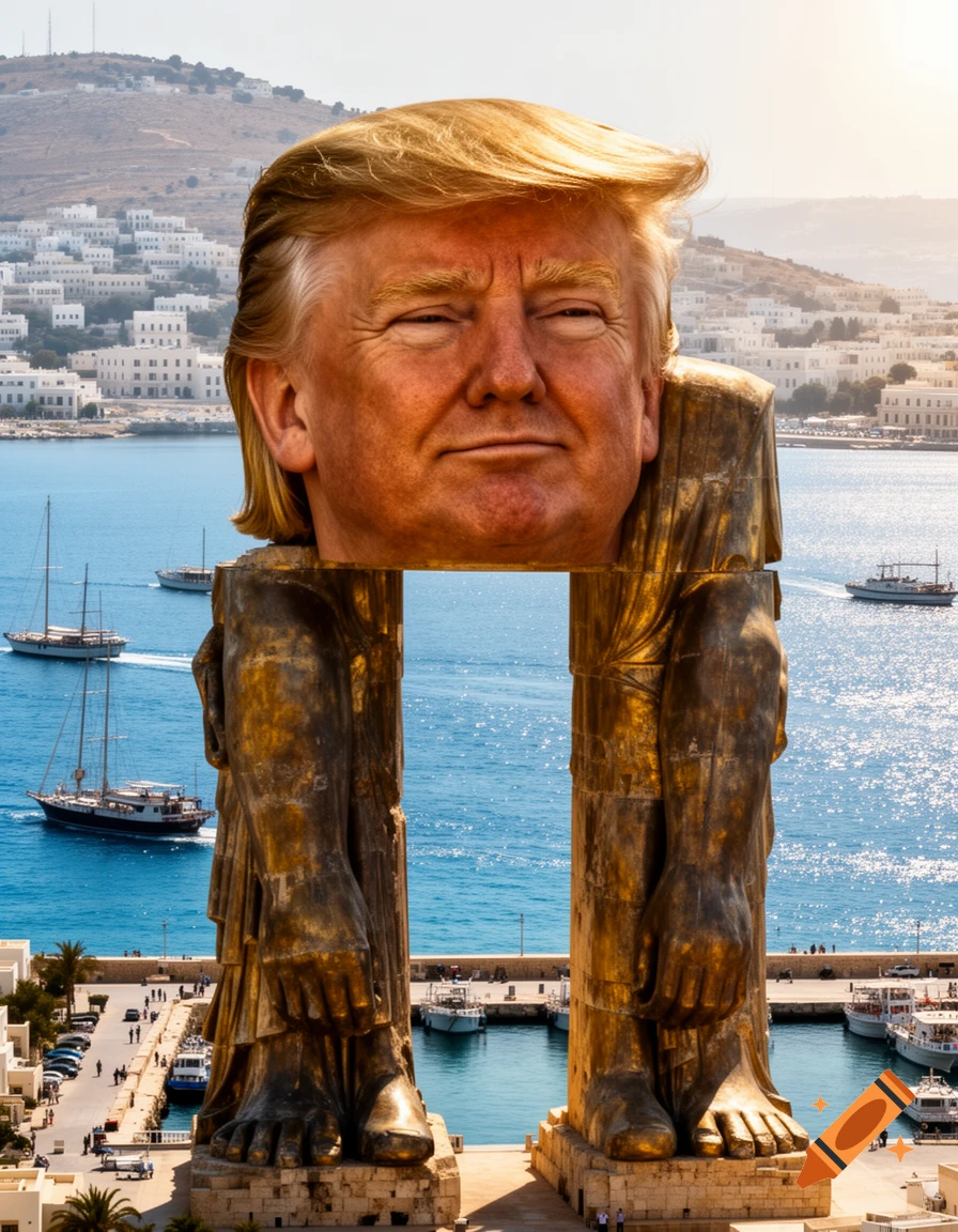 A photorealistic image of Donald Trump's head atop a golden Colossus statue, straddling a harbor with boats and a coastal town.