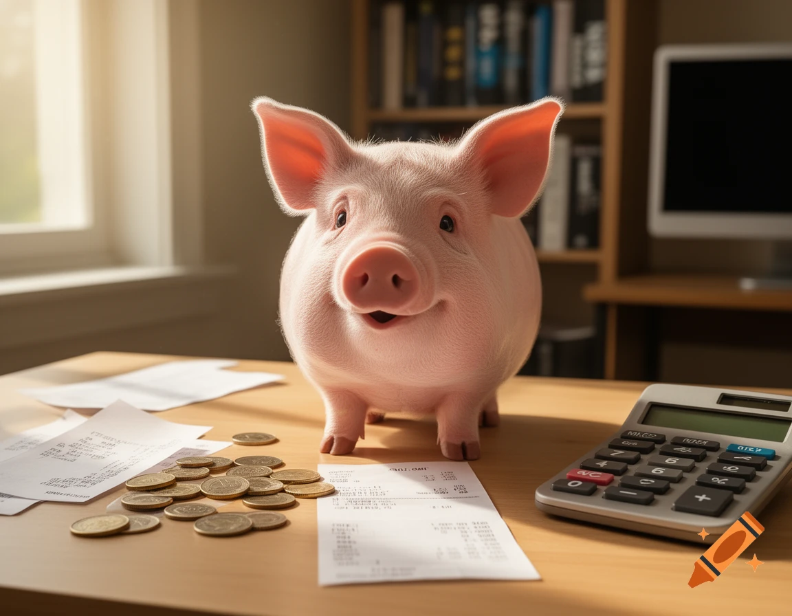 A smiling pig stands on a wooden desk surrounded by coins, paper receipts, and a calculator, in a sunlit office.