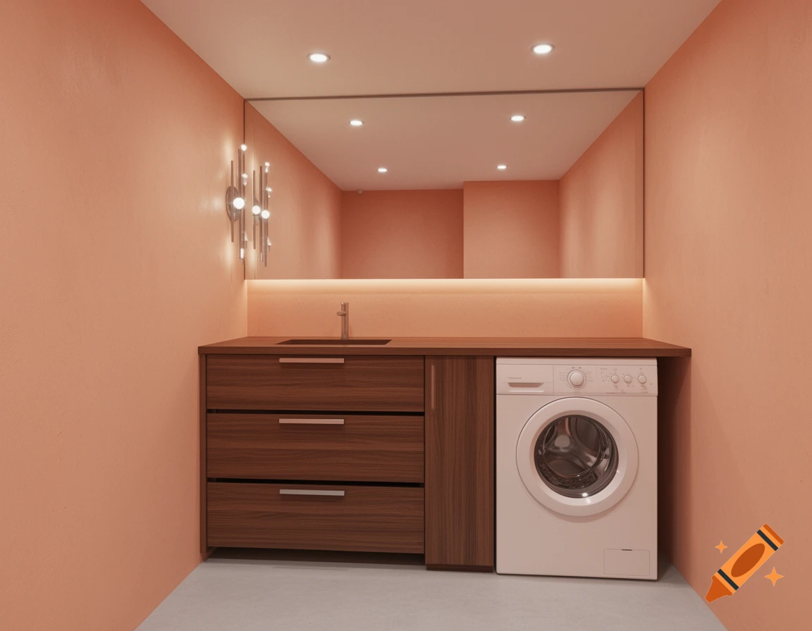 Modern salmon-walled bathroom featuring a wooden vanity with sink, a washing machine, large mirror, and decorative wall light.