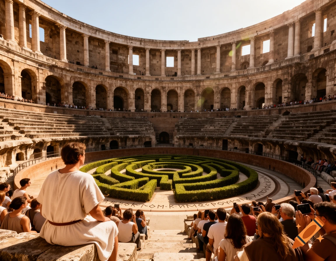 A photorealistic image of a man in a white tunic watching over a Roman amphitheater with a green hedge labyrinth and spectators.
