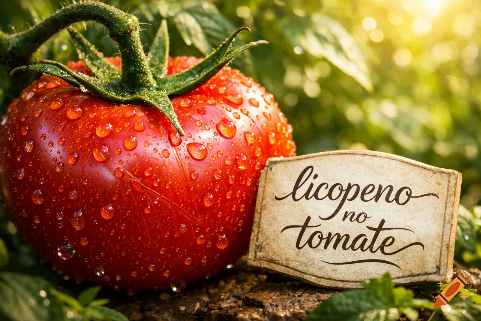 A close-up, photorealistic red tomato covered in water droplets, with a small sign saying "licopeno no tomate" next to it, against a blurry green garden background.