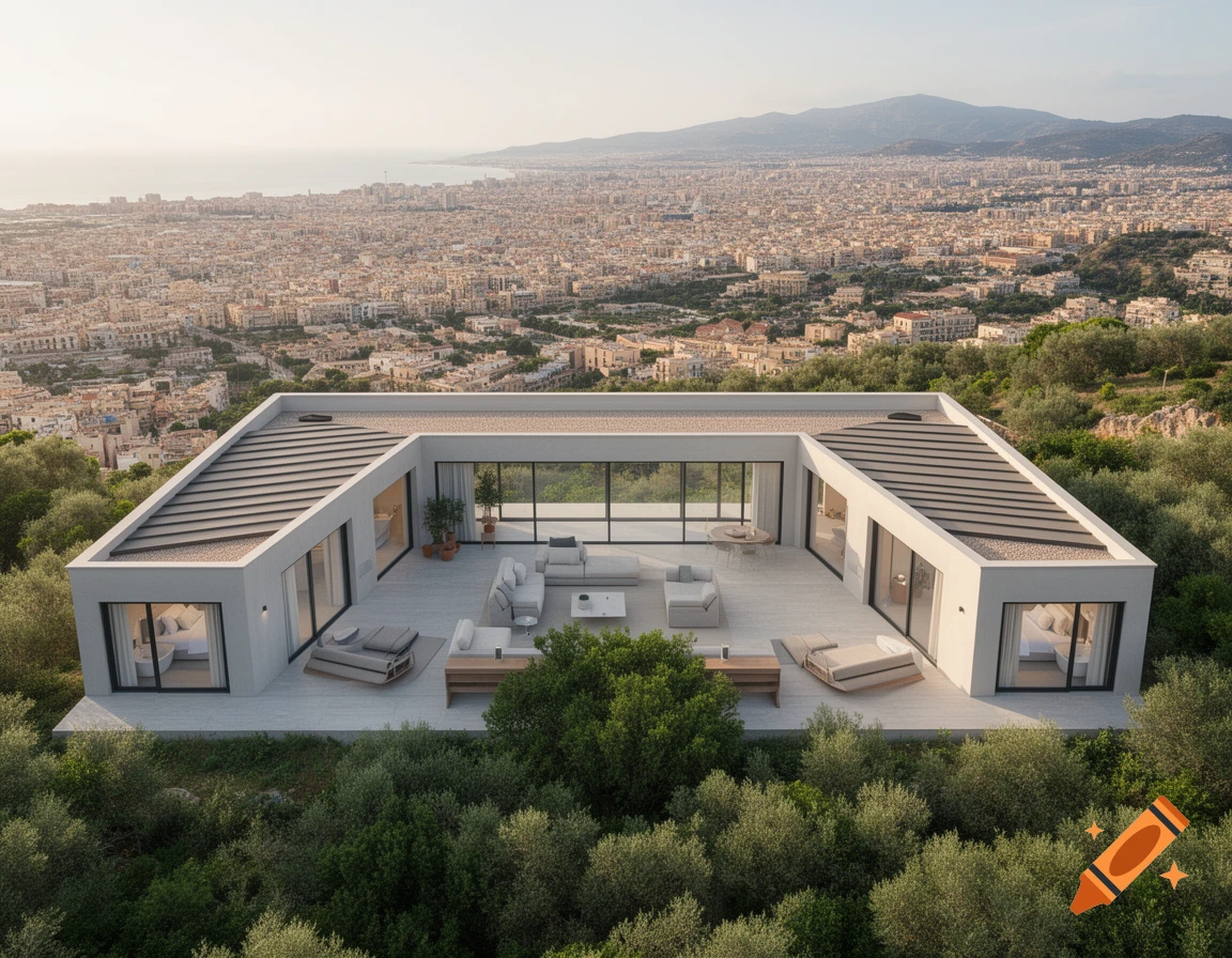 Modern U-shaped house with a large terrace on a green hill, overlooking a sprawling city and distant sea under a clear sky.