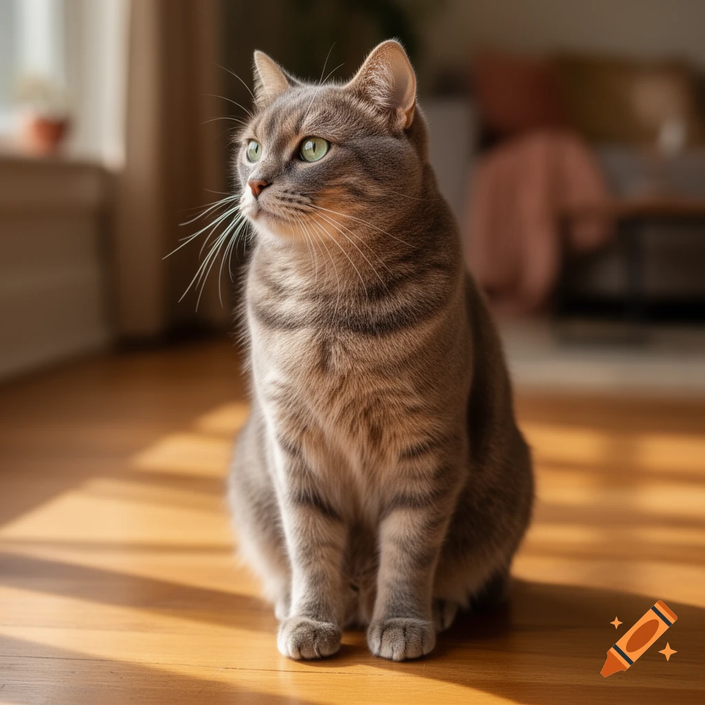 A photorealistic grey tabby cat with green eyes sits on a sunlit wooden ...