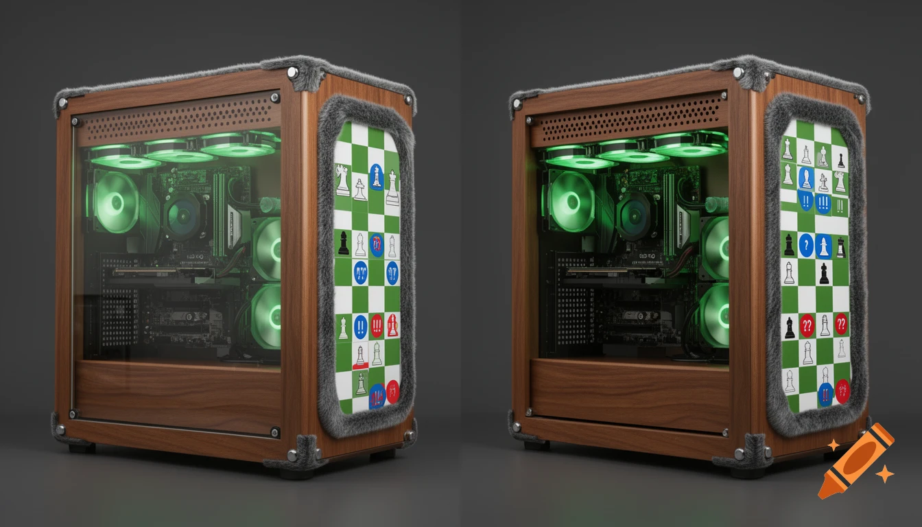 Two views of a custom computer case with a wooden frame, furry edges, and a glass side panel revealing green LED fans. The side panels feature a green and white chessboard pattern with 2D chess pieces marked with blue '!!' and red '??' symbols.