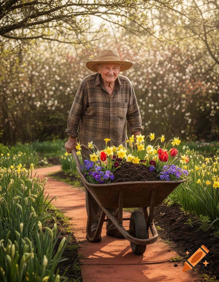 An elderly man with a straw hat and plaid shirt smiles while pushing a wheelbarrow filled with soil and colorful flowers down a garden path in spring.