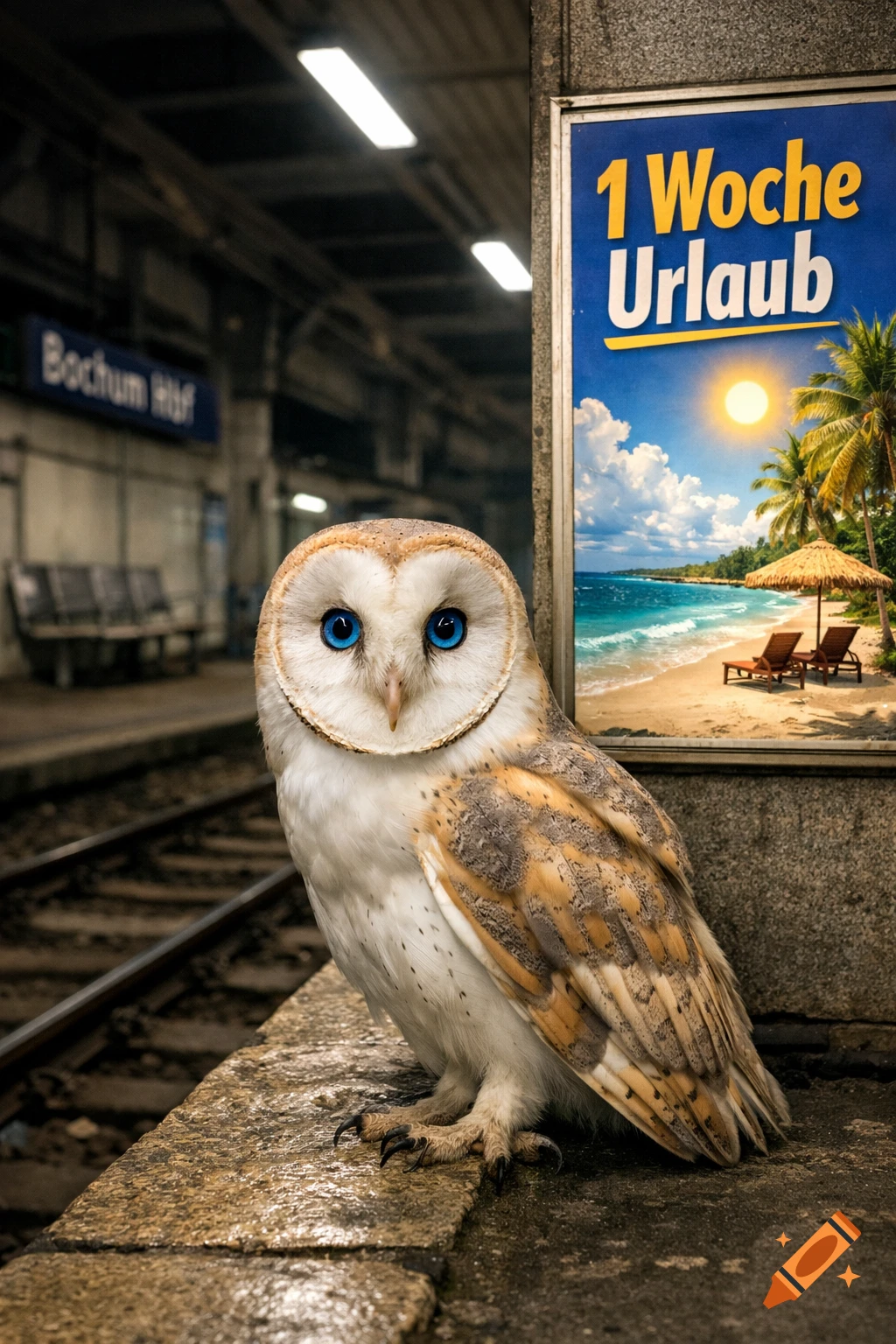 A photorealistic barn owl with striking blue eyes stands on a train platform next to a beach vacation poster and a 'Bochum Hbf' sign.