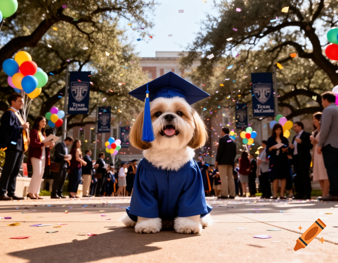 A Shih Tzu dog in a blue graduation cap and gown sits on a path with confetti and balloons on a university campus.