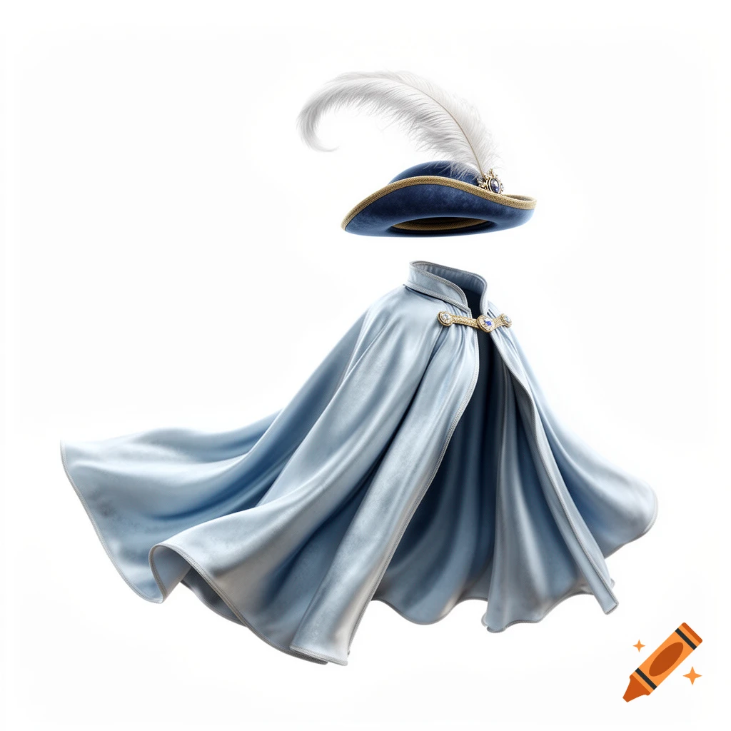 A flowing light blue royal cape and a blue prince's hat with a white feather float against a white background.