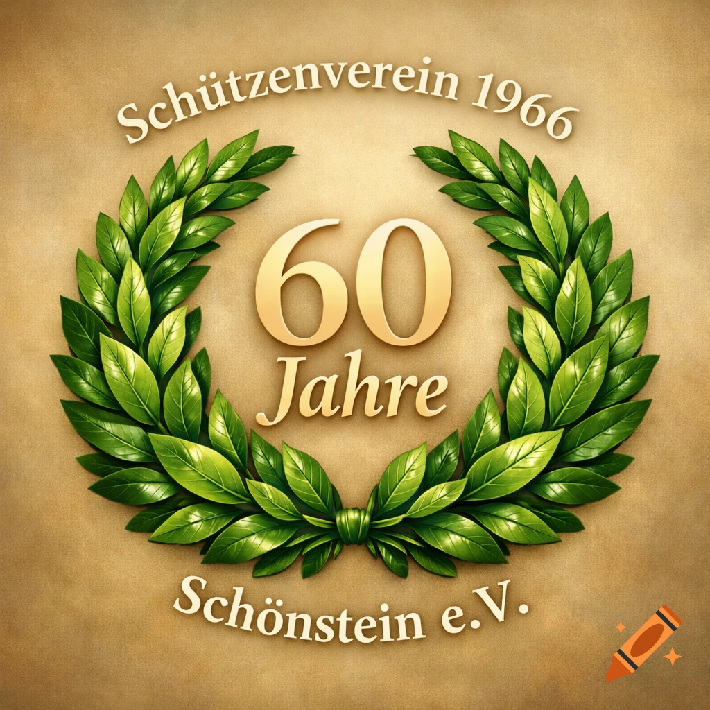 Green laurel wreath on a beige background with gold "60 Jahre" text and "Schützenverein 1966 Schönstein e.V." curving around it.