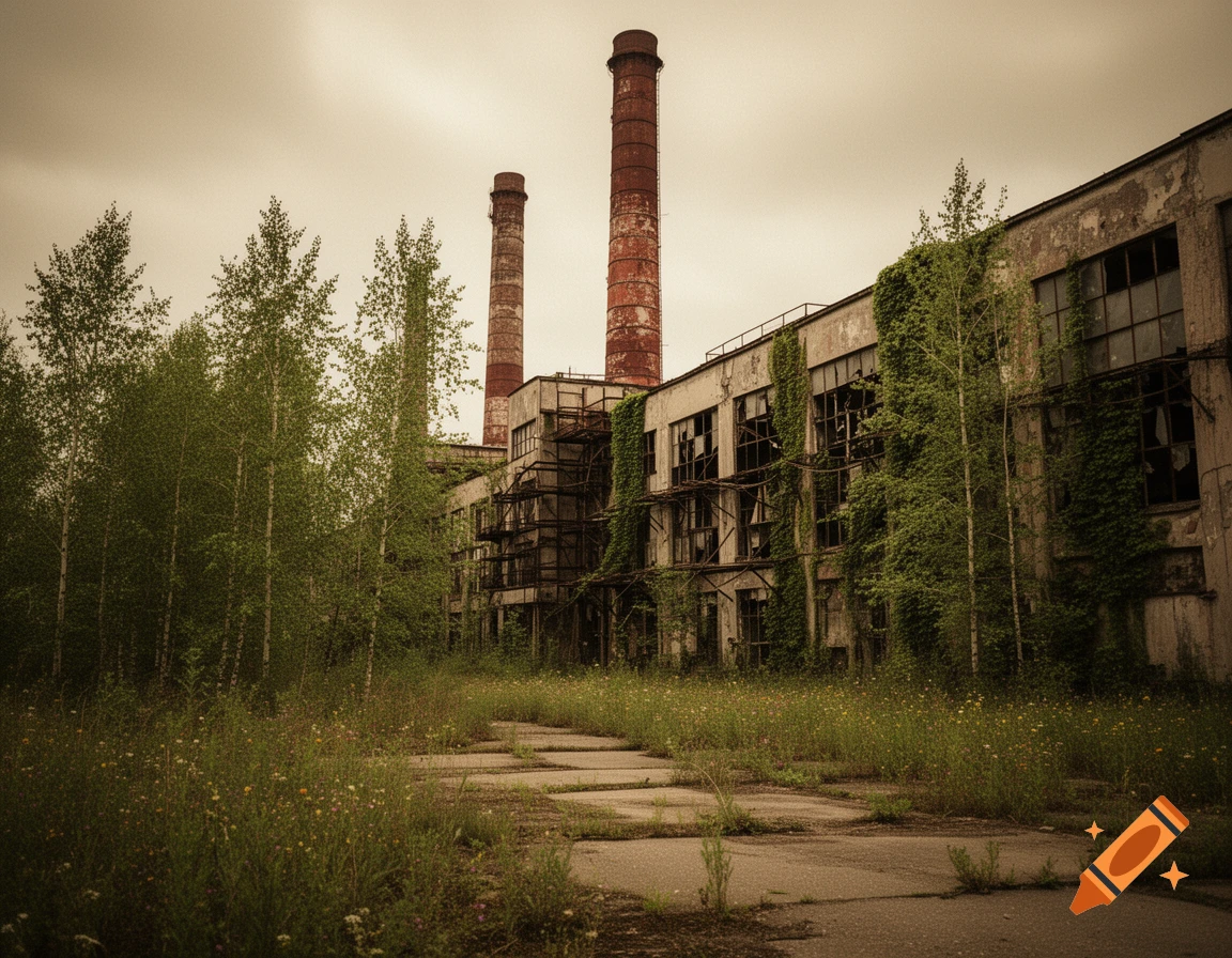 An abandoned industrial complex featuring tall brick chimneys, crumbling buildings overgrown with vines and trees, surrounded by wild grass under a cloudy sky.