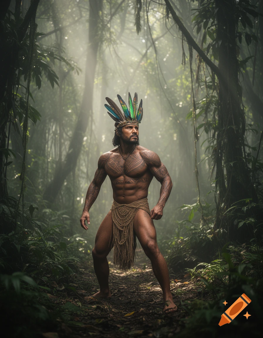 A muscular man with a feathered headdress and tribal tattoos stands in a misty, sunlit jungle.